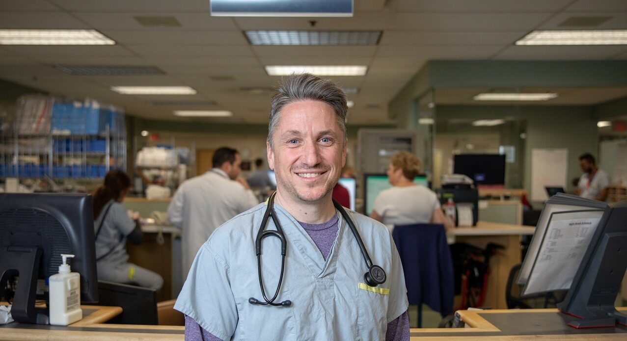 Upper body shot of Dr. Hannel smiling directly at the camera wearing scrubs and stethoscope in the emergency department.